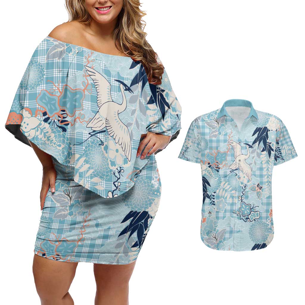 Blue Palaka Crane and Flowers Couples Matching Off Shoulder Short Dress and Hawaiian Shirt Japan Heritage Spirit - Polynesian Pride