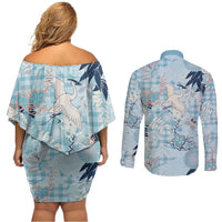 Blue Palaka Crane and Flowers Couples Matching Off Shoulder Short Dress and Long Sleeve Button Shirt Japan Heritage Spirit - Polynesian Pride