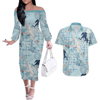 Blue Palaka Crane and Flowers Couples Matching Off The Shoulder Long Sleeve Dress and Hawaiian Shirt Japan Heritage Spirit - Polynesian Pride