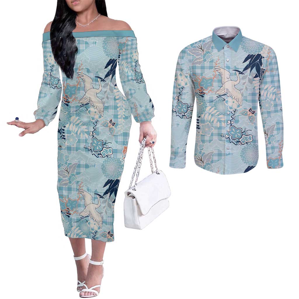 Blue Palaka Crane and Flowers Couples Matching Off The Shoulder Long Sleeve Dress and Long Sleeve Button Shirt Japan Heritage Spirit - Polynesian Pride