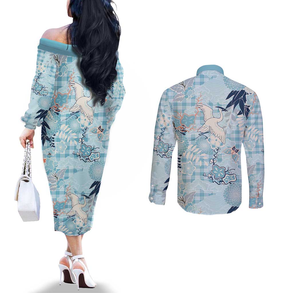 Blue Palaka Crane and Flowers Couples Matching Off The Shoulder Long Sleeve Dress and Long Sleeve Button Shirt Japan Heritage Spirit - Polynesian Pride