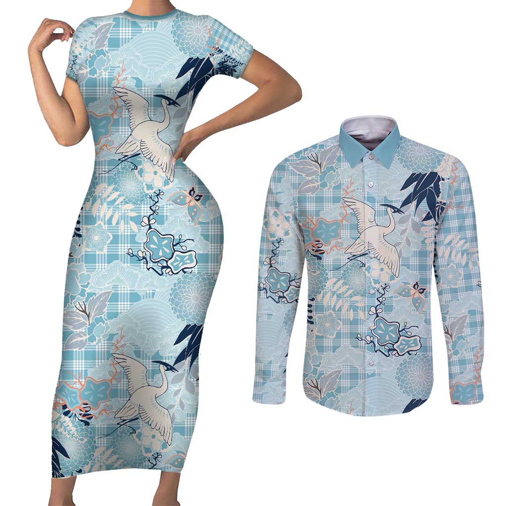 Blue Palaka Crane and Flowers Couples Matching Short Sleeve Bodycon Dress and Long Sleeve Button Shirt Japan Heritage Spirit - Polynesian Pride