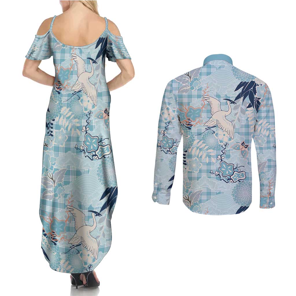 Blue Palaka Crane and Flowers Couples Matching Summer Maxi Dress and Long Sleeve Button Shirt Japan Heritage Spirit - Polynesian Pride