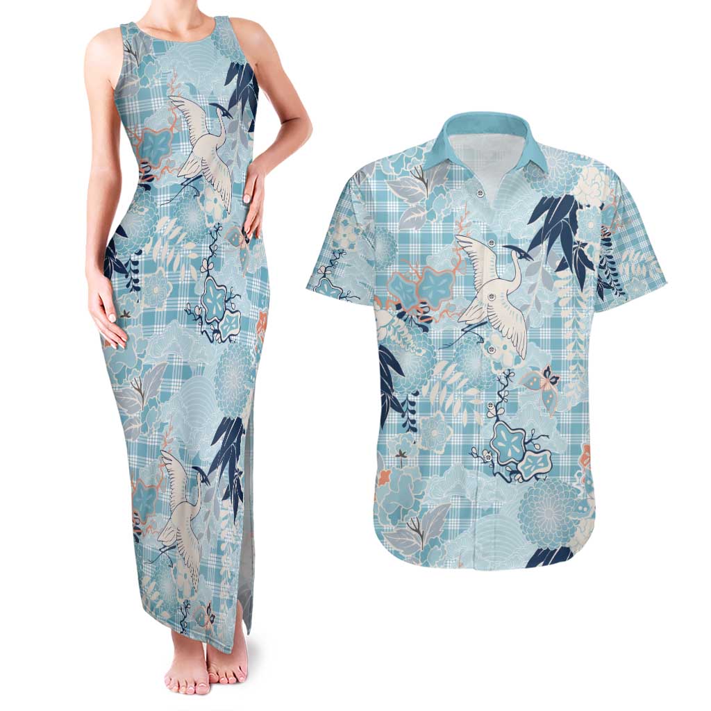 Blue Palaka Crane and Flowers Couples Matching Tank Maxi Dress and Hawaiian Shirt Japan Heritage Spirit - Polynesian Pride