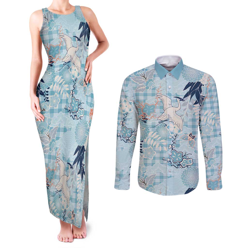 Blue Palaka Crane and Flowers Couples Matching Tank Maxi Dress and Long Sleeve Button Shirt Japan Heritage Spirit - Polynesian Pride