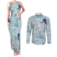 Blue Palaka Crane and Flowers Couples Matching Tank Maxi Dress and Long Sleeve Button Shirt Japan Heritage Spirit - Polynesian Pride