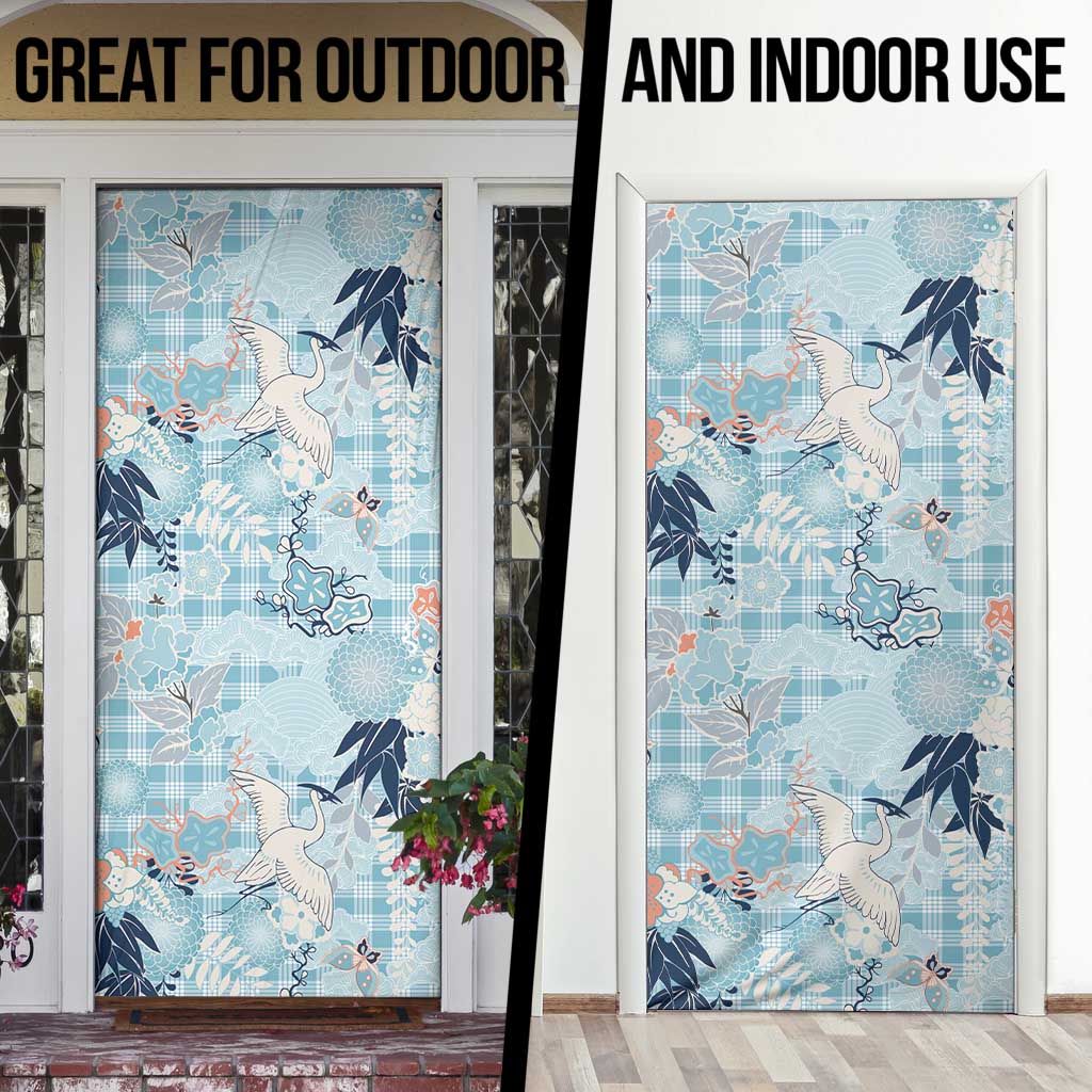Blue Palaka Crane and Flowers Door Cover Japan Heritage Spirit - Polynesian Pride