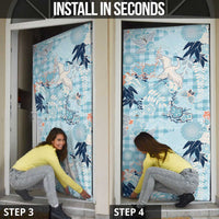 Blue Palaka Crane and Flowers Door Cover Japan Heritage Spirit - Polynesian Pride