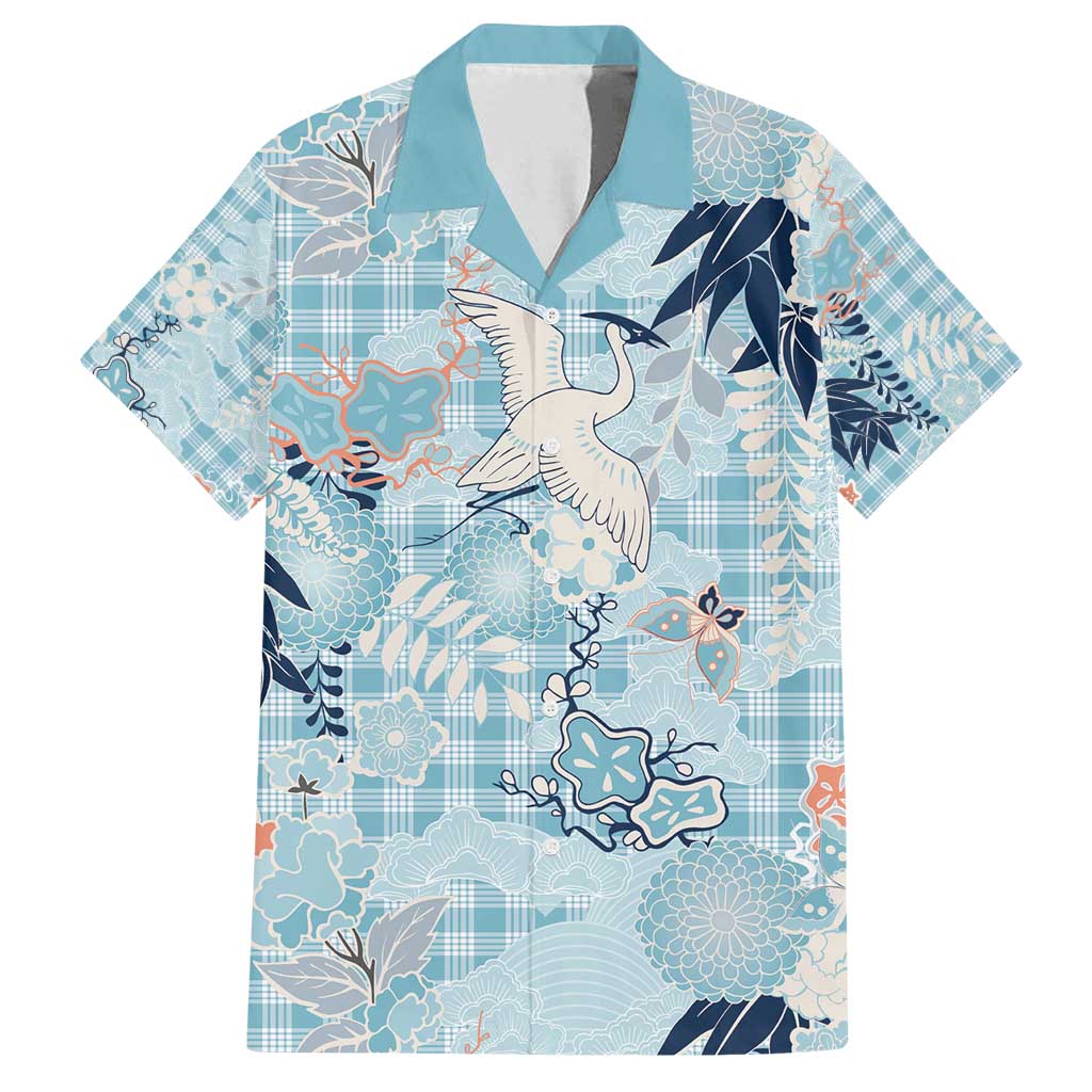 Blue Palaka Crane and Flowers Family Matching Long Sleeve Bodycon Dress and Hawaiian Shirt Japan Heritage Spirit - Polynesian Pride