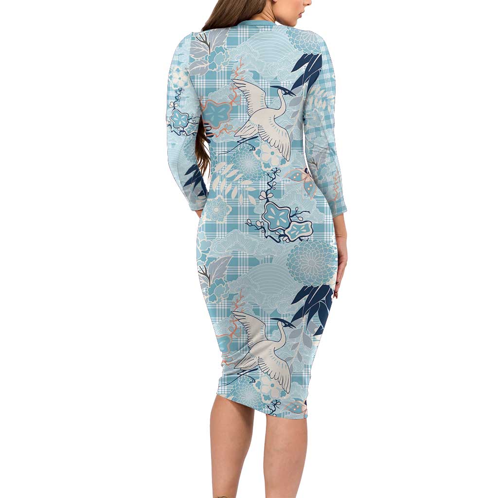 Blue Palaka Crane and Flowers Family Matching Long Sleeve Bodycon Dress and Hawaiian Shirt Japan Heritage Spirit - Polynesian Pride