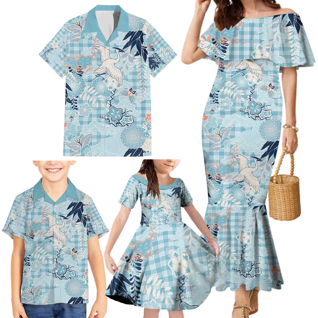 Blue Palaka Crane and Flowers Family Matching Mermaid Dress and Hawaiian Shirt Japan Heritage Spirit - Polynesian Pride