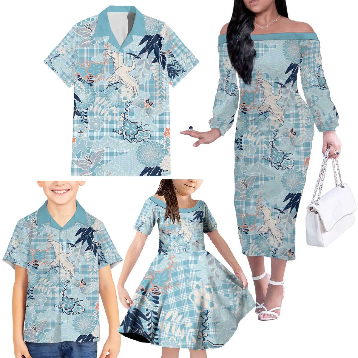 Blue Palaka Crane and Flowers Family Matching Off The Shoulder Long Sleeve Dress and Hawaiian Shirt Japan Heritage Spirit - Polynesian Pride