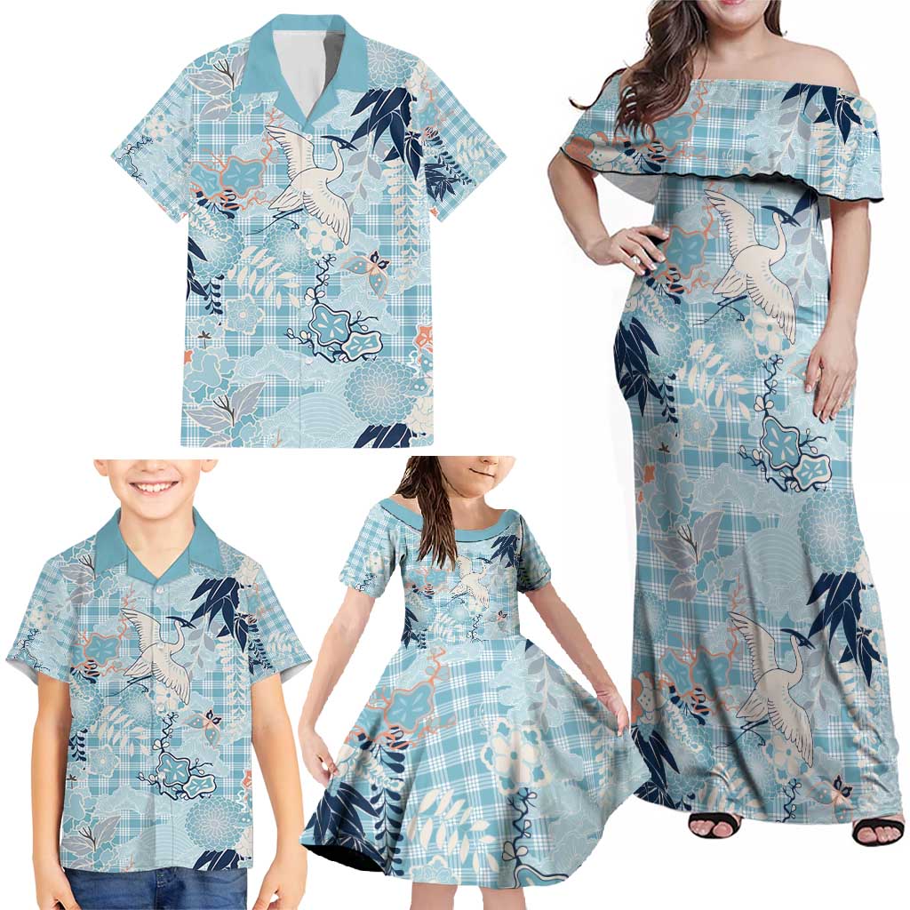 Blue Palaka Crane and Flowers Family Matching Off Shoulder Maxi Dress and Hawaiian Shirt Japan Heritage Spirit - Polynesian Pride