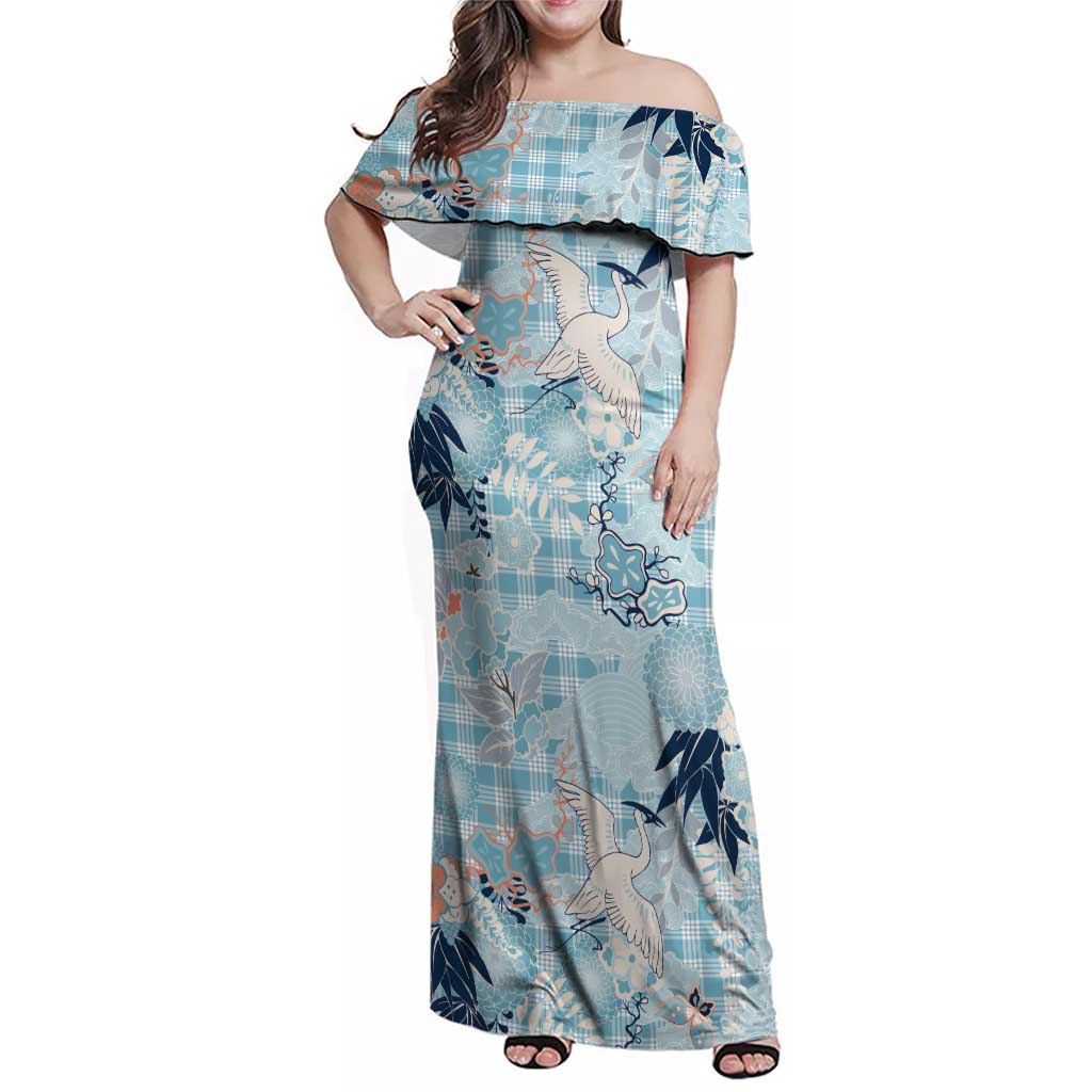 Blue Palaka Crane and Flowers Family Matching Off Shoulder Maxi Dress and Hawaiian Shirt Japan Heritage Spirit - Polynesian Pride