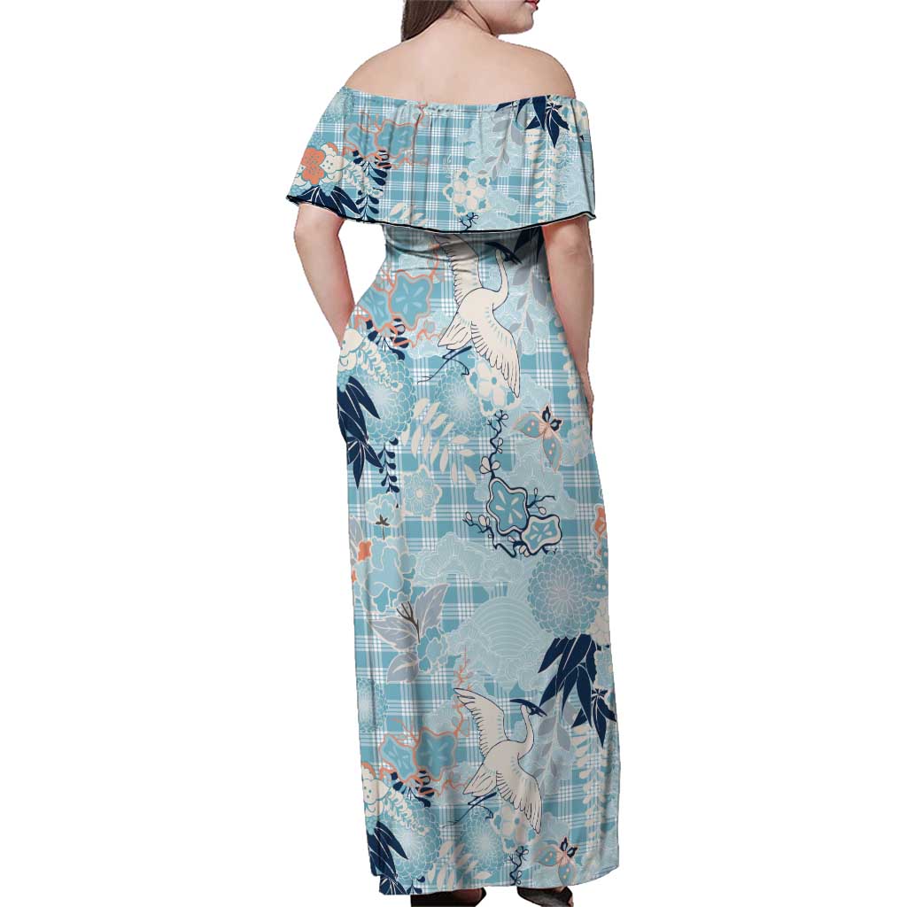 Blue Palaka Crane and Flowers Family Matching Off Shoulder Maxi Dress and Hawaiian Shirt Japan Heritage Spirit - Polynesian Pride