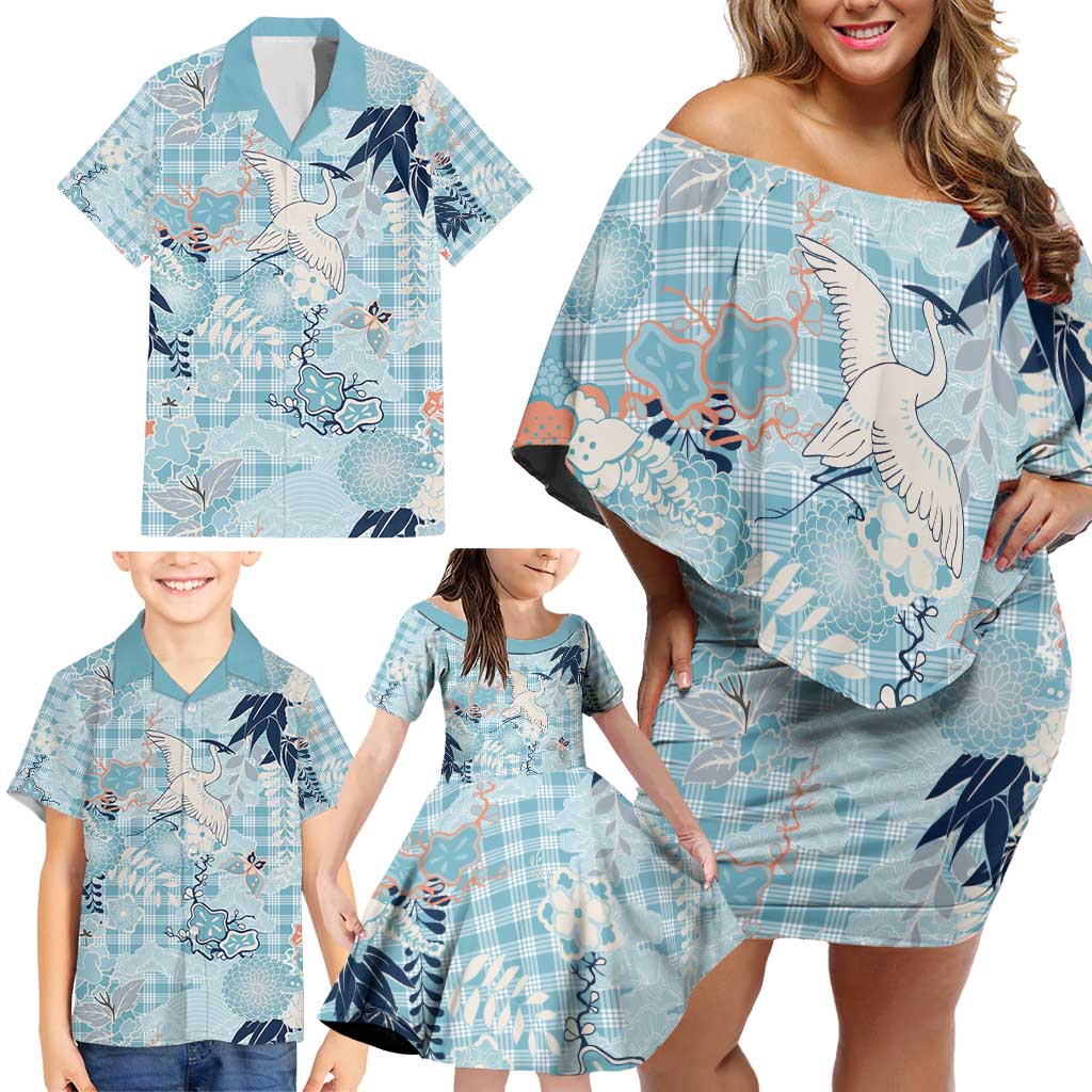 Blue Palaka Crane and Flowers Family Matching Off Shoulder Short Dress and Hawaiian Shirt Japan Heritage Spirit - Polynesian Pride