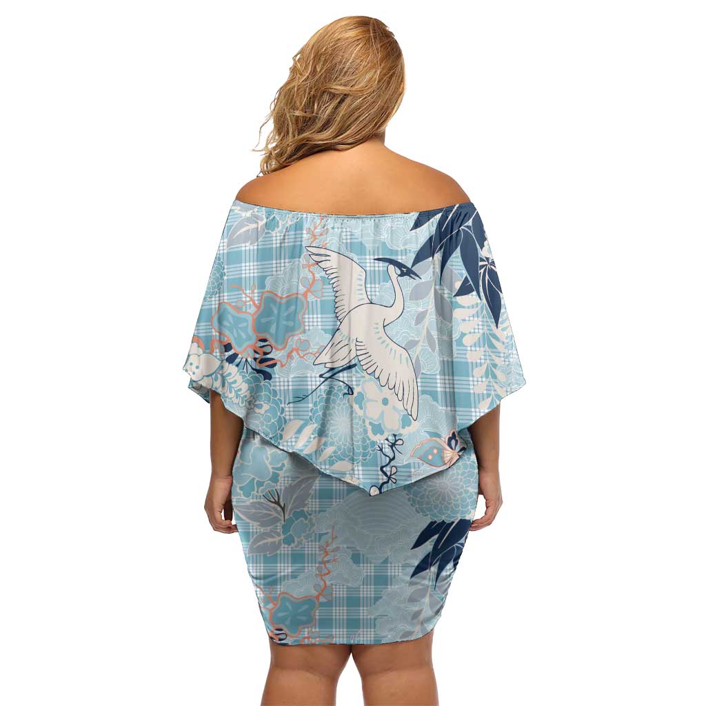 Blue Palaka Crane and Flowers Family Matching Off Shoulder Short Dress and Hawaiian Shirt Japan Heritage Spirit - Polynesian Pride