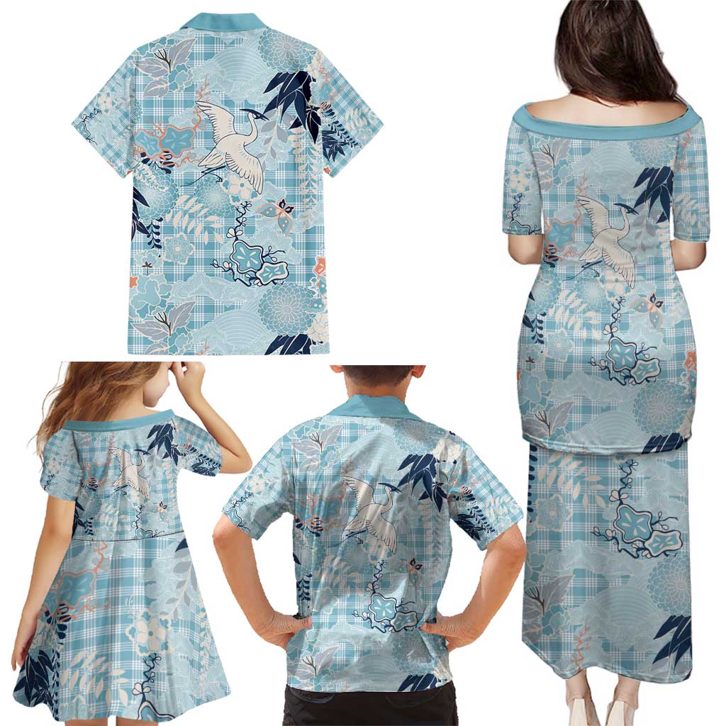 Blue Palaka Crane and Flowers Family Matching Puletasi and Hawaiian Shirt Japan Heritage Spirit - Polynesian Pride