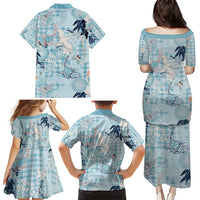 Blue Palaka Crane and Flowers Family Matching Puletasi and Hawaiian Shirt Japan Heritage Spirit - Polynesian Pride