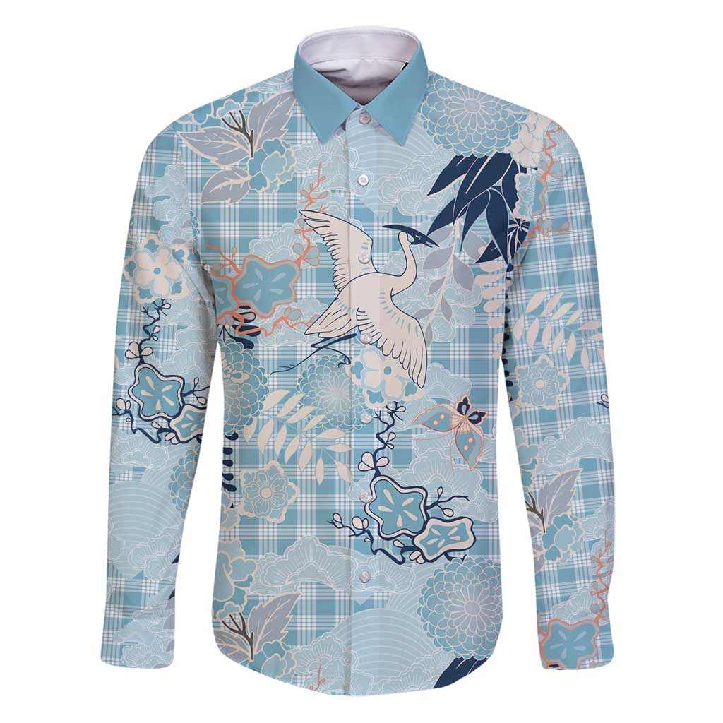 Blue Palaka Crane and Flowers Family Matching Puletasi and Hawaiian Shirt Japan Heritage Spirit - Polynesian Pride