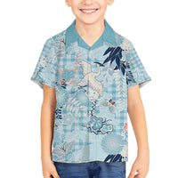Blue Palaka Crane and Flowers Family Matching Puletasi and Hawaiian Shirt Japan Heritage Spirit - Polynesian Pride