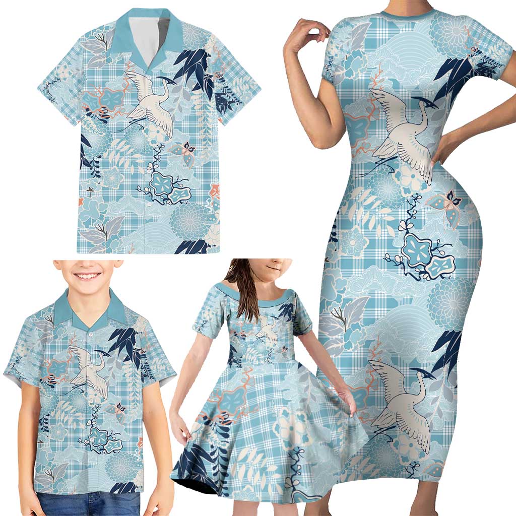 Blue Palaka Crane and Flowers Family Matching Short Sleeve Bodycon Dress and Hawaiian Shirt Japan Heritage Spirit - Polynesian Pride