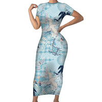 Blue Palaka Crane and Flowers Family Matching Short Sleeve Bodycon Dress and Hawaiian Shirt Japan Heritage Spirit - Polynesian Pride