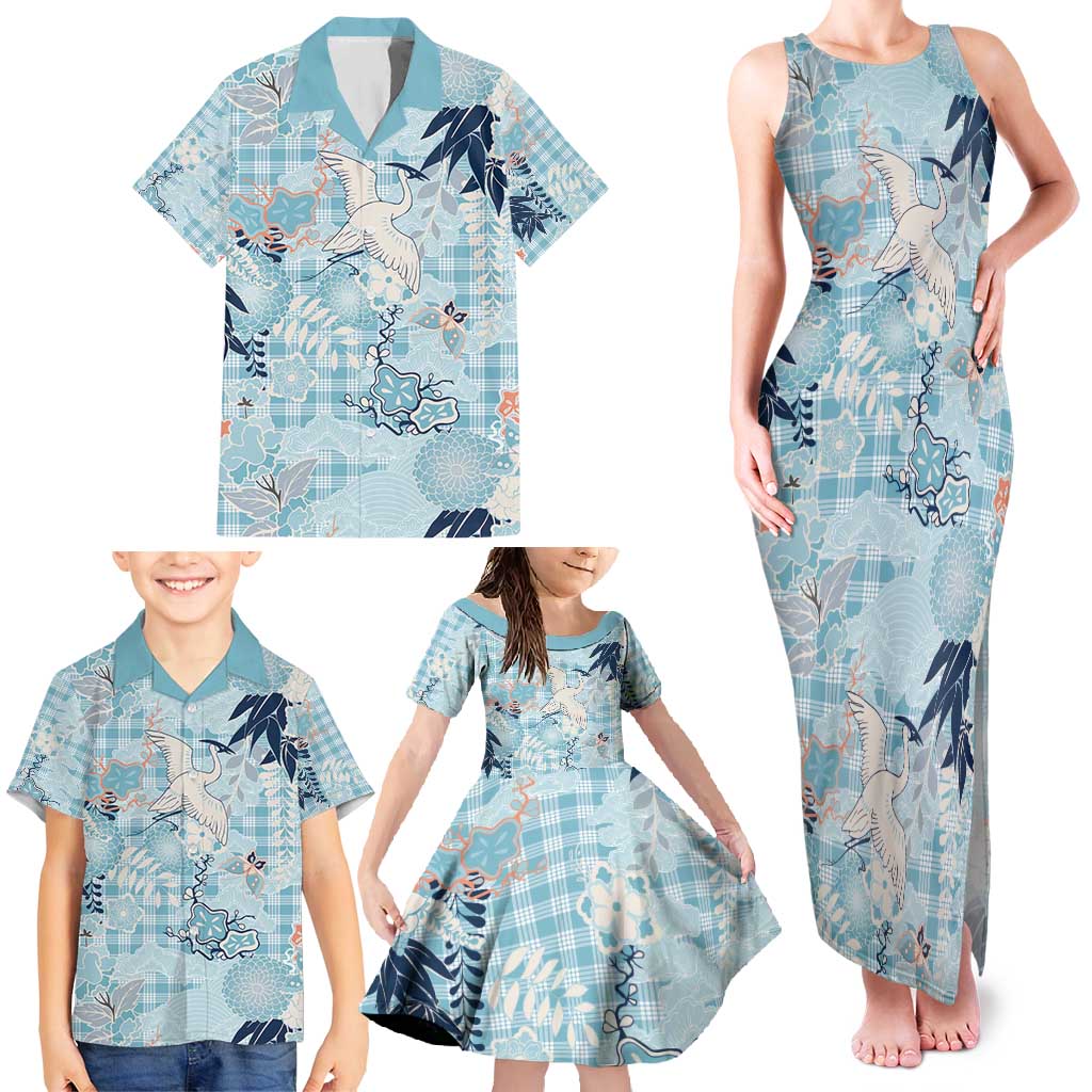 Blue Palaka Crane and Flowers Family Matching Tank Maxi Dress and Hawaiian Shirt Japan Heritage Spirit - Polynesian Pride