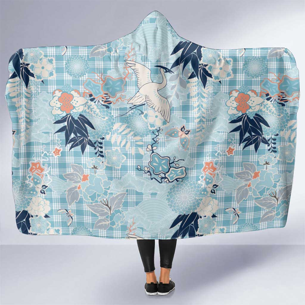 Blue Palaka Crane and Flowers Hooded Blanket Japan Heritage Spirit - Polynesian Pride