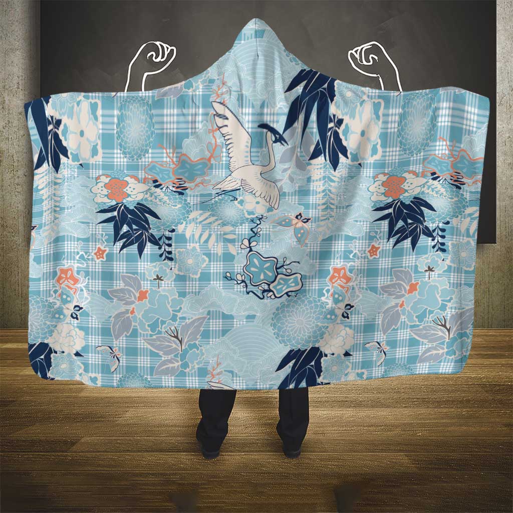 Blue Palaka Crane and Flowers Hooded Blanket Japan Heritage Spirit - Polynesian Pride