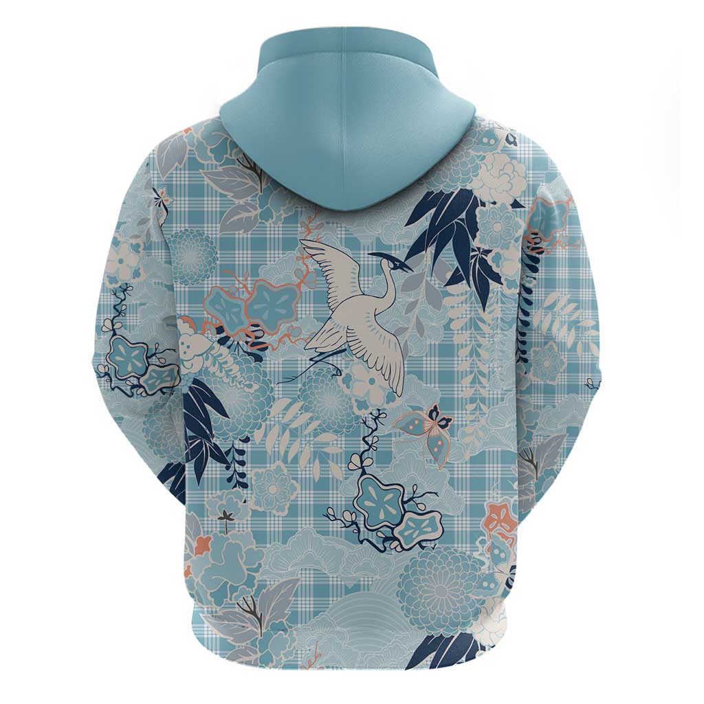 Blue Palaka Crane and Flowers Hoodie Japan Heritage Spirit - Polynesian Pride