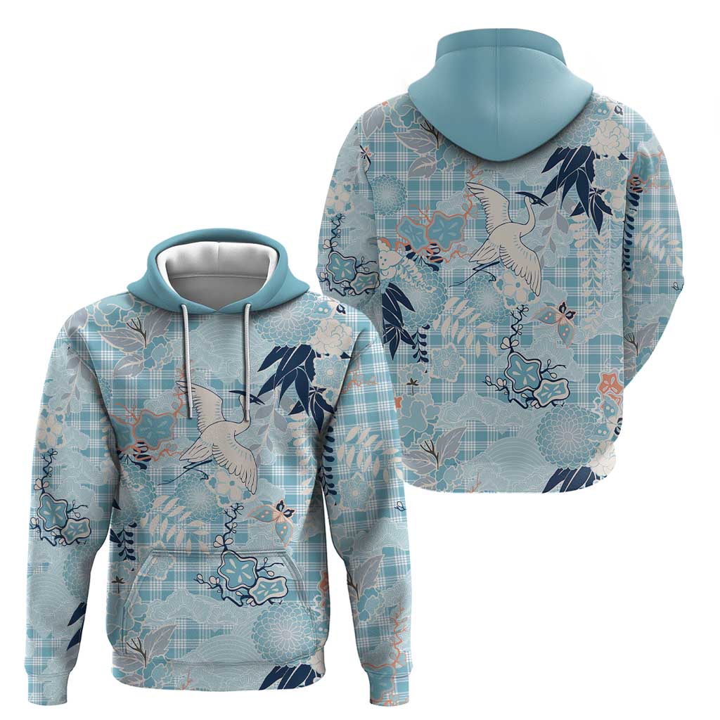 Blue Palaka Crane and Flowers Hoodie Japan Heritage Spirit - Polynesian Pride