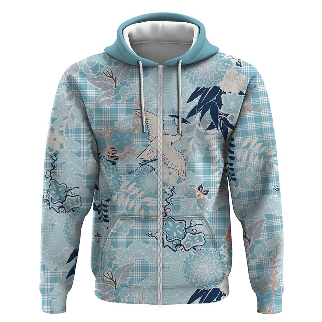 Blue Palaka Crane and Flowers Hoodie Japan Heritage Spirit - Polynesian Pride