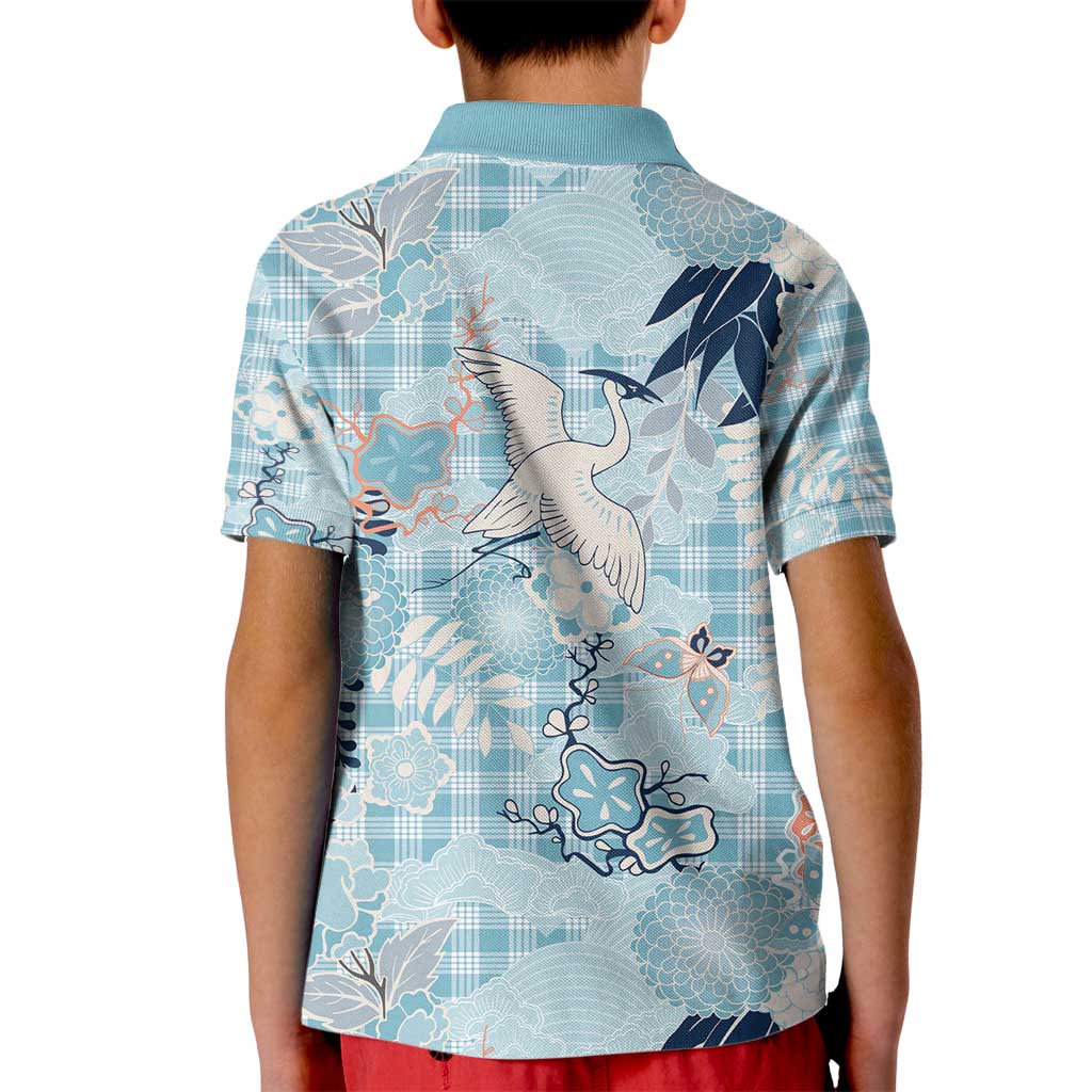 Blue Palaka Crane and Flowers Kid Polo Shirt Japan Heritage Spirit - Polynesian Pride