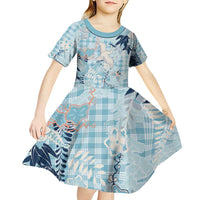 Blue Palaka Crane and Flowers Kid Short Sleeve Dress Japan Heritage Spirit - Polynesian Pride
