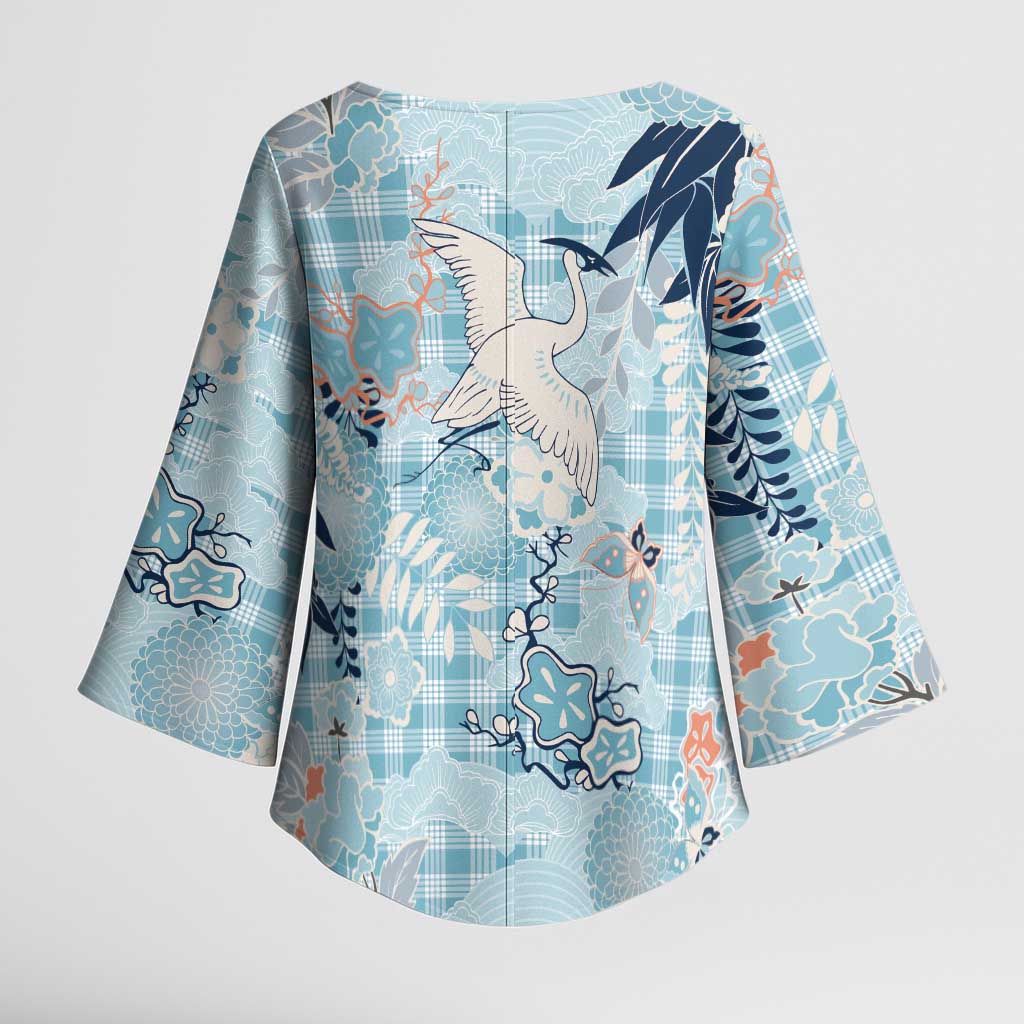 Blue Palaka Crane and Flowers Kimono Sleeve Blouse Japan Heritage Spirit - Polynesian Pride