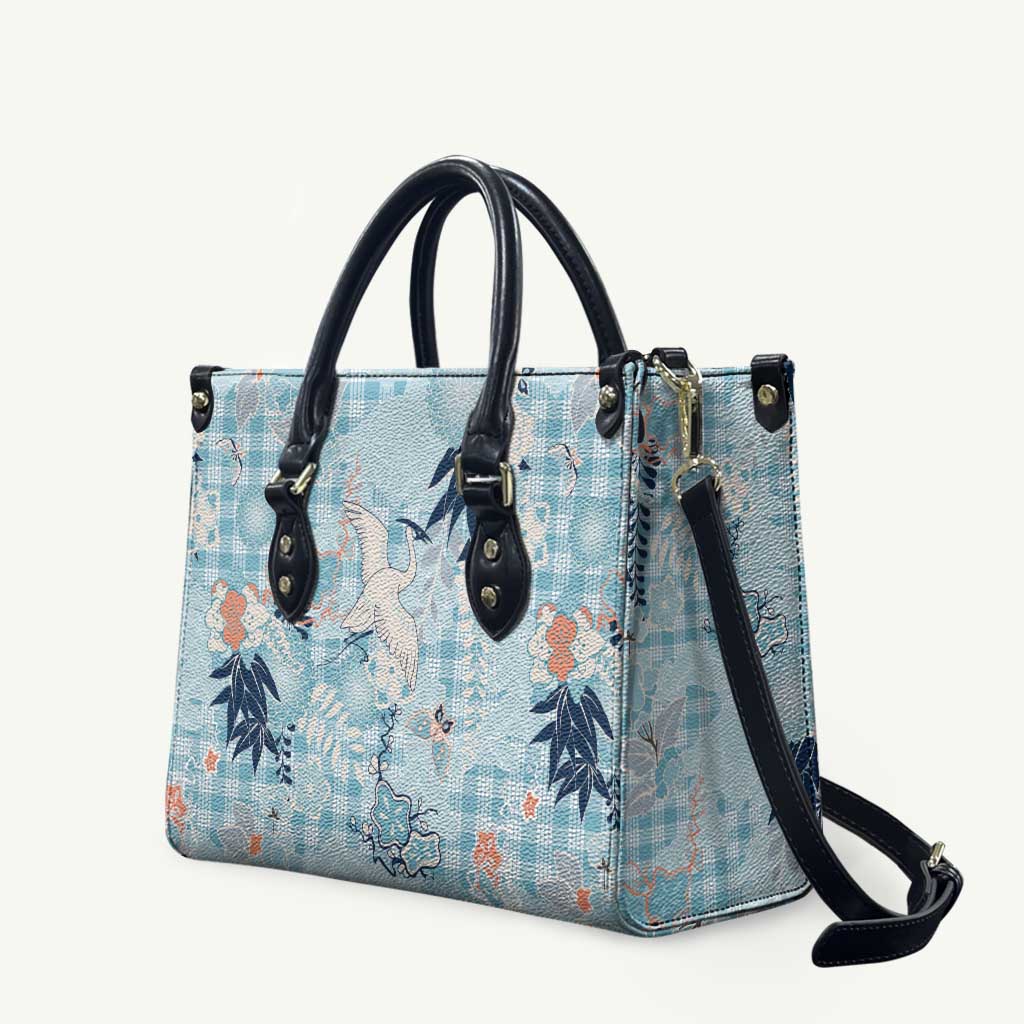 Blue Palaka Crane and Flowers Leather Bag Japan Heritage Spirit - Polynesian Pride