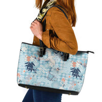 Blue Palaka Crane and Flowers Leather Tote Bag Japan Heritage Spirit - Polynesian Pride