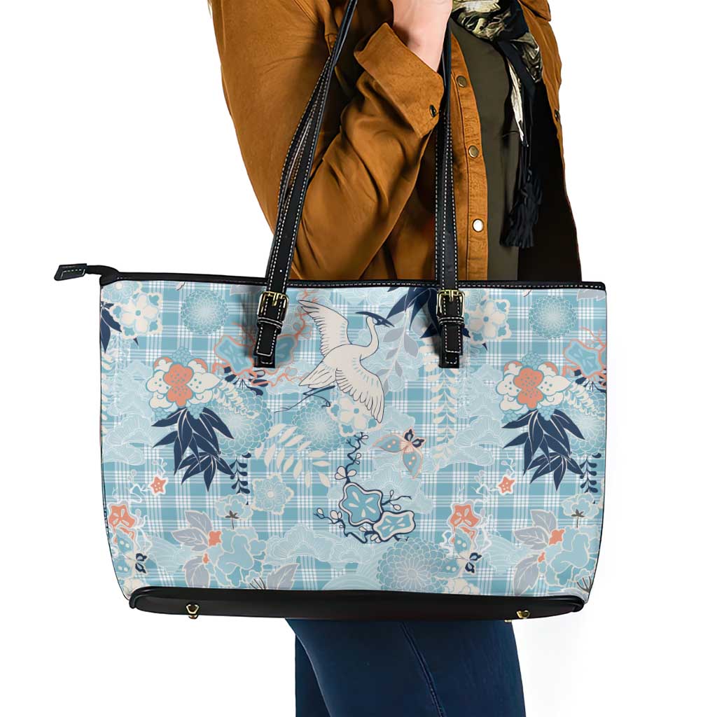 Blue Palaka Crane and Flowers Leather Tote Bag Japan Heritage Spirit - Polynesian Pride