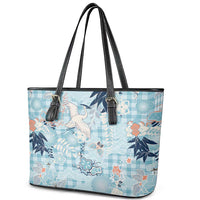 Blue Palaka Crane and Flowers Leather Tote Bag Japan Heritage Spirit - Polynesian Pride