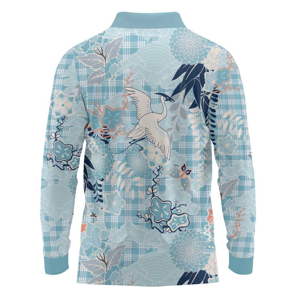 Blue Palaka Crane and Flowers Long Sleeve Polo Shirt Japan Heritage Spirit - Polynesian Pride