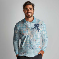 Blue Palaka Crane and Flowers Long Sleeve Polo Shirt Japan Heritage Spirit - Polynesian Pride