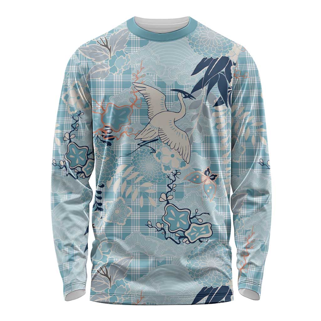 Blue Palaka Crane and Flowers Long Sleeve Shirt Japan Heritage Spirit - Polynesian Pride