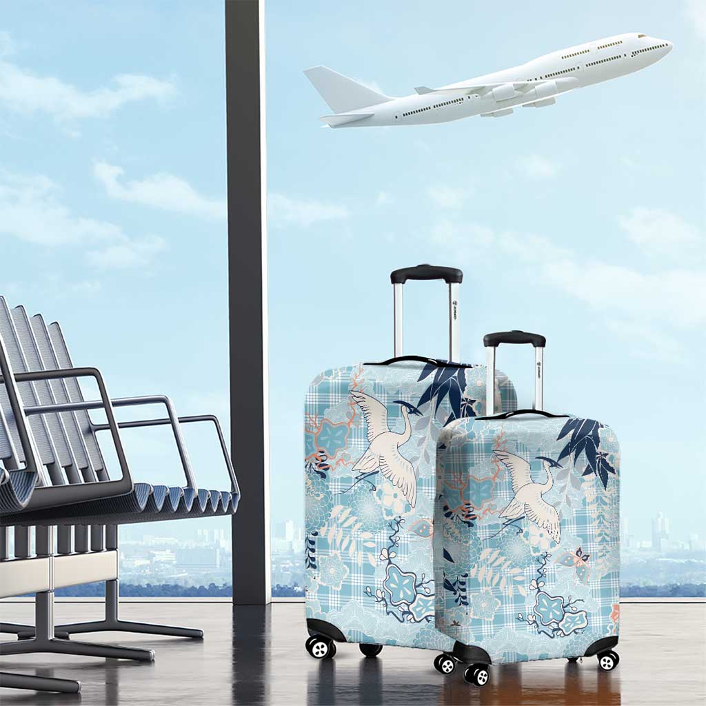 Blue Palaka Crane and Flowers Luggage Cover Japan Heritage Spirit - Polynesian Pride