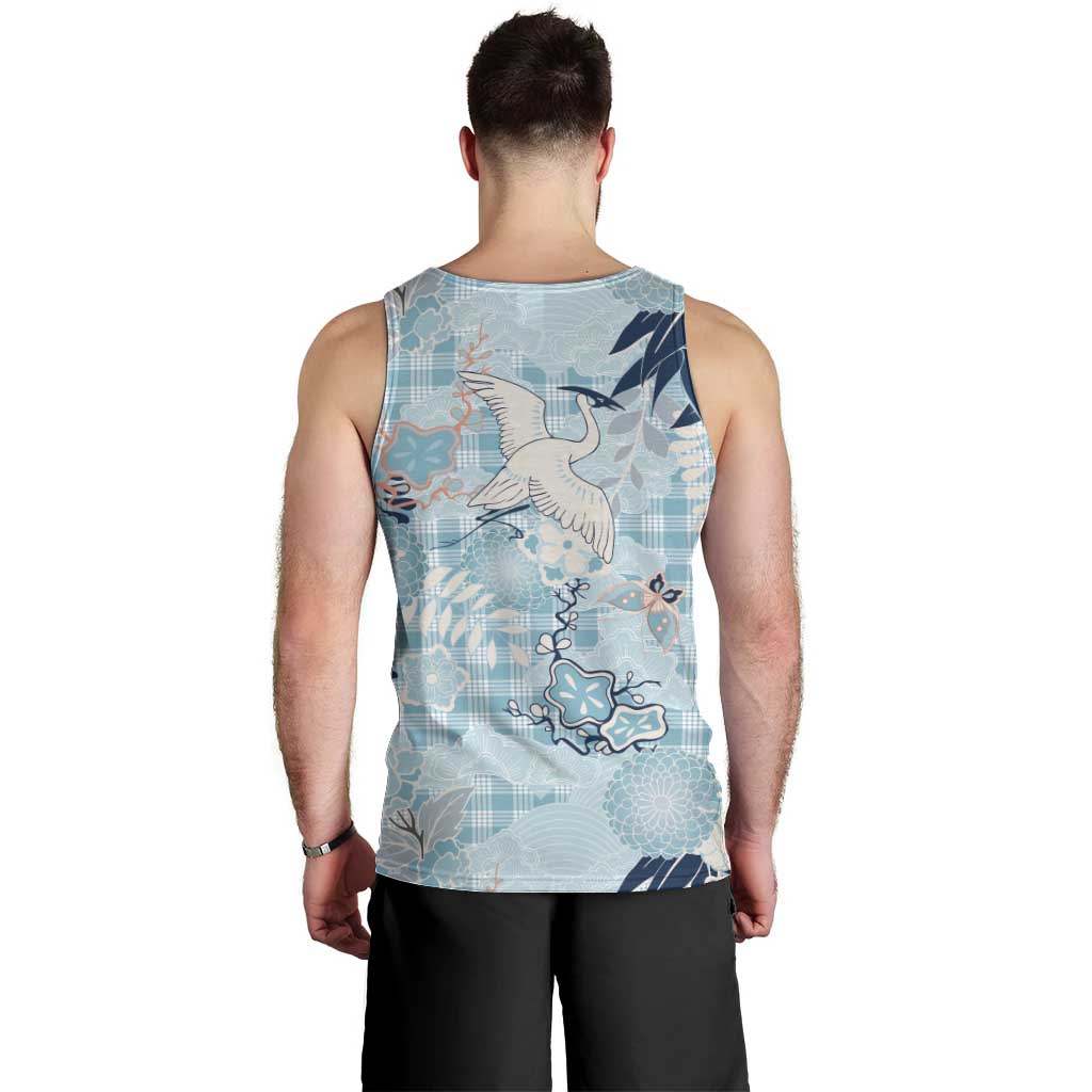 Blue Palaka Crane and Flowers Men Tank Top Japan Heritage Spirit - Polynesian Pride