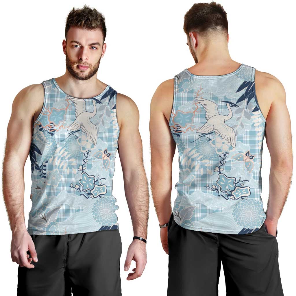 Blue Palaka Crane and Flowers Men Tank Top Japan Heritage Spirit - Polynesian Pride