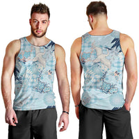 Blue Palaka Crane and Flowers Men Tank Top Japan Heritage Spirit - Polynesian Pride