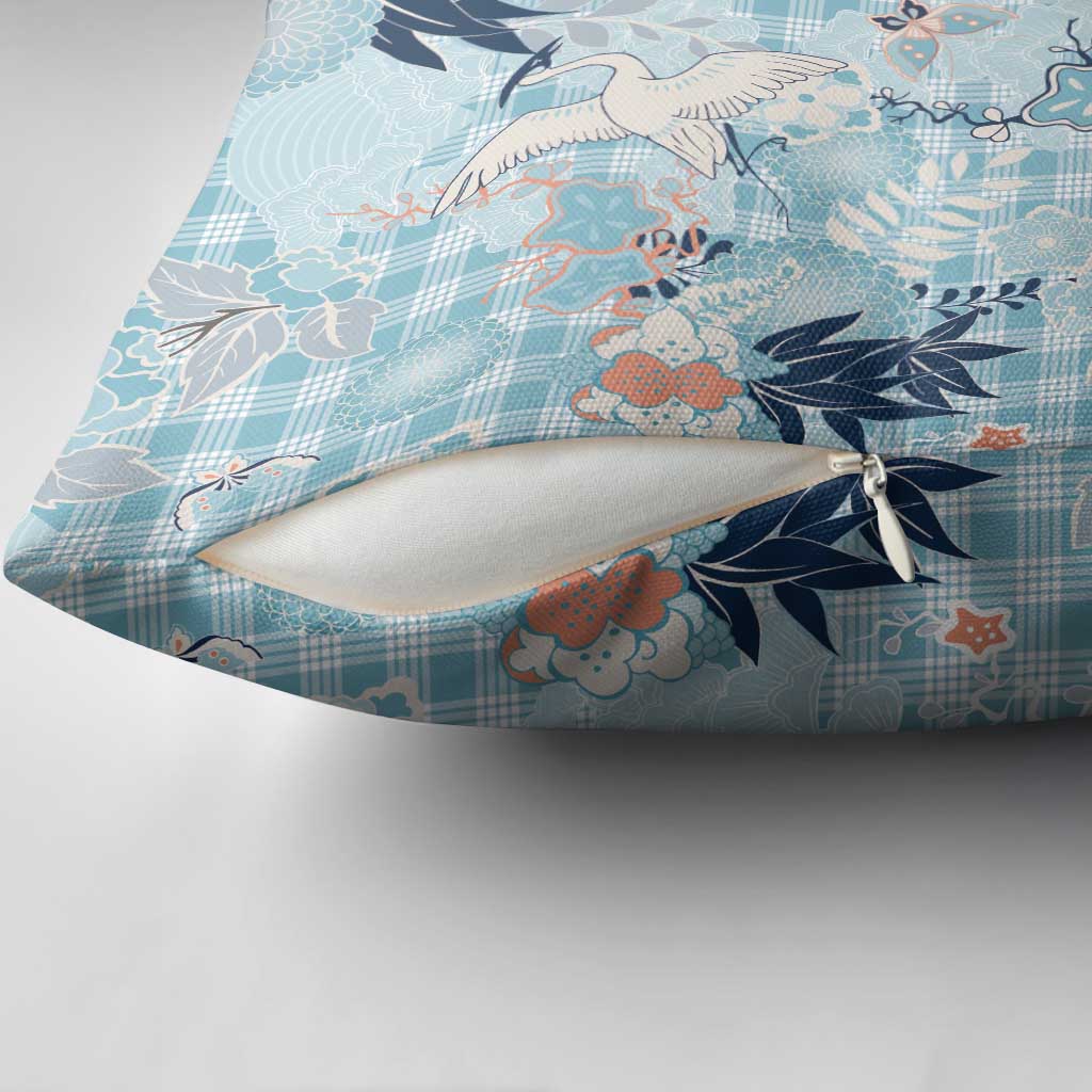 Blue Palaka Crane and Flowers Pillow Cover Japan Heritage Spirit - Polynesian Pride