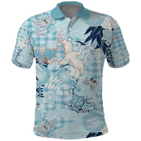 Blue Palaka Crane and Flowers Polo Shirt Japan Heritage Spirit - Polynesian Pride