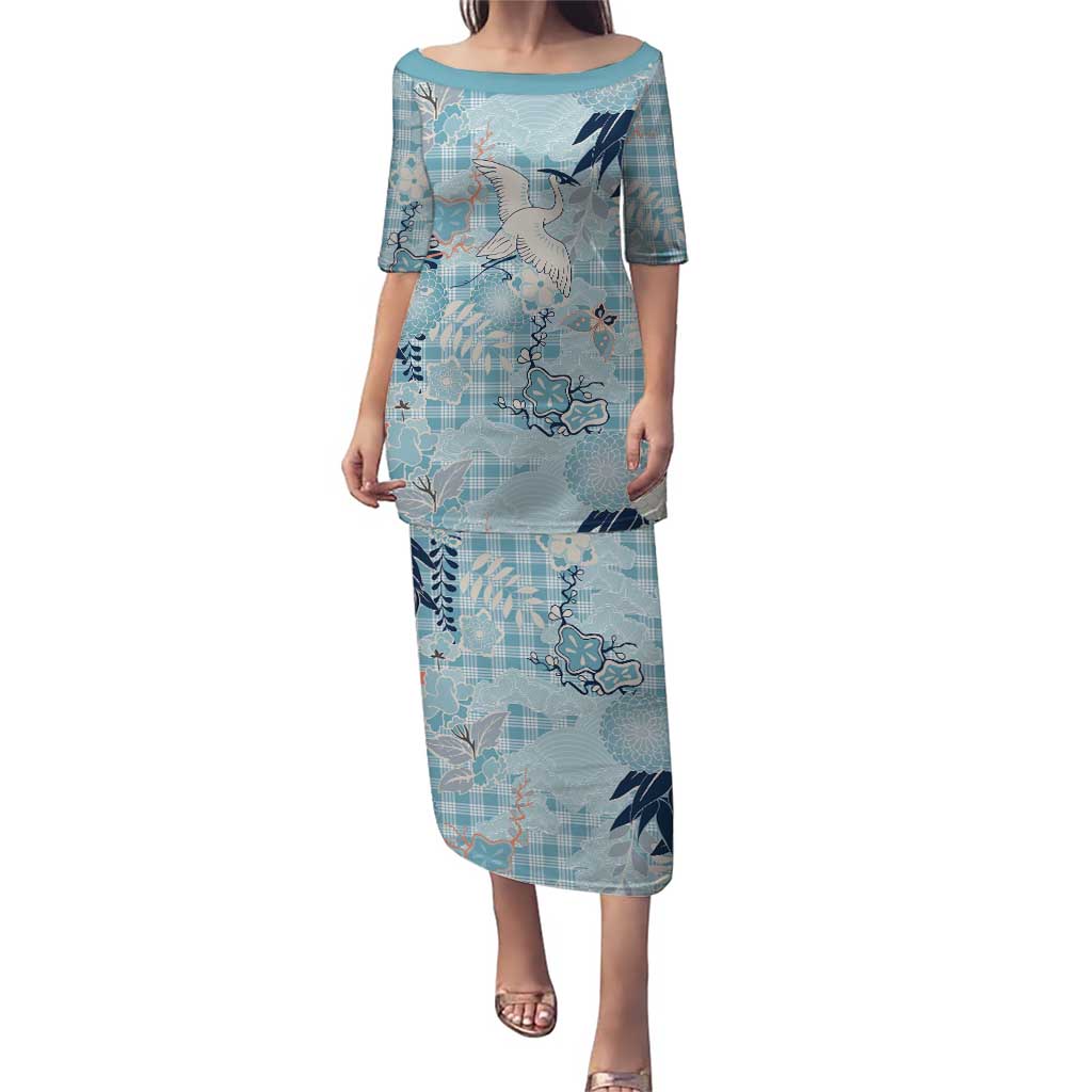 Blue Palaka Crane and Flowers Puletasi Japan Heritage Spirit - Polynesian Pride